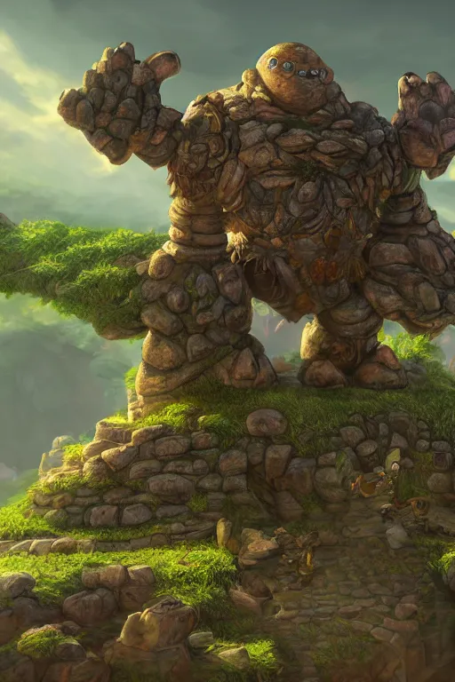 Image similar to zelda fantasy art giant golem troll wood rock greeble gemstone, global illumination ray tracing hdr fanart arstation by sung choi and eric pfeiffer and gabriel garza and casper konefal