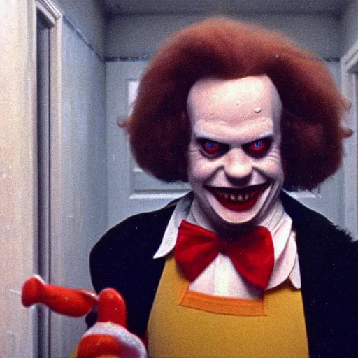 Image similar to A still of Ronald McDonald in The Shining (1980)