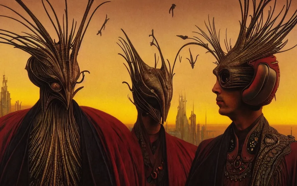 Image similar to realistic detailed portrait movie shot of a birdman wearing dark robes, futuristic city sunset landscape background by denis villeneuve, amano, yves tanguy, alphonse mucha, ernst haeckel, max ernst, roger dean, rich moody colours