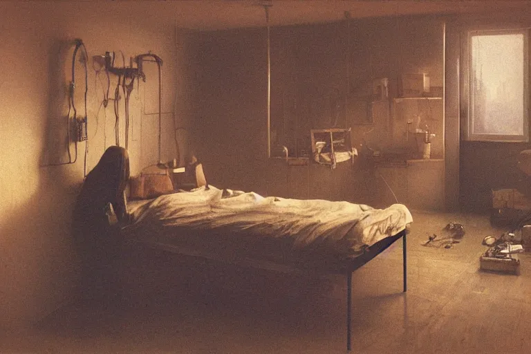 Image similar to IKEA catalogue photo, cyberpunk teenager bedroom, robots, by Beksiński
