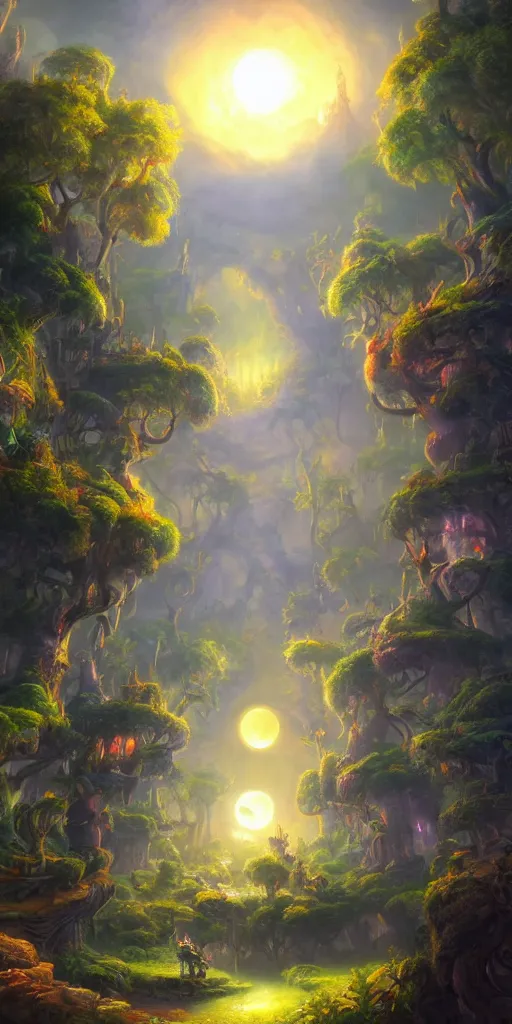 Image similar to a magical kingdom where the sun never sets and the moon is always full. the trees are alive and the air is thick with magic. by tyler edlin.