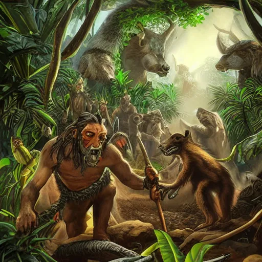 Prompt: Badger Archaeologists Digging a Hole Deep in the Amazon Jungle artwork by Word of Warcraft Art Direction, detailed, dynamic, cinematic composition