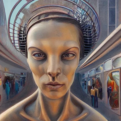 Image similar to detailed face of a woman in a biomorphic courtyard with dna sculptures at a science expo, atmospheric, ambient, pj crook, syd mead, livia prima, artgerm, greg rutkowski, nick alm, casey baugh