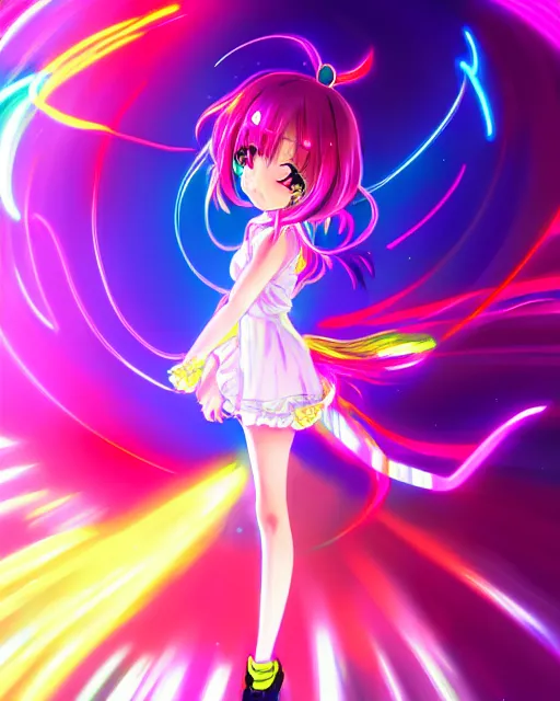Image similar to anime style, vivid, expressive, full body, 4 k, painting, a cute magical girl idol with a long wavy colorful hair wearing a colorful dress, correct proportions, stunning, realistic light and shadow effects, neon lights, studio ghibly makoto shinkai yuji yamaguchi, wlop