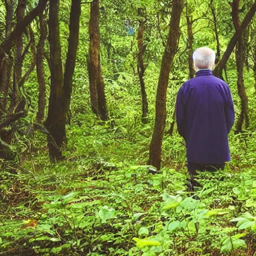 Image similar to an old man looking to sea from forest, animals in forest