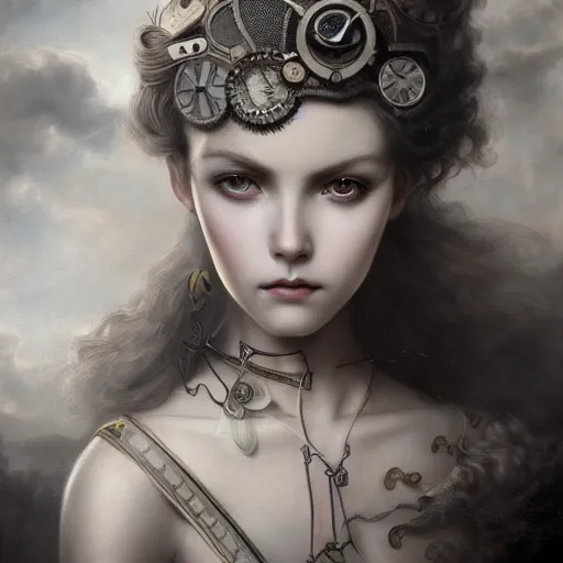 Prompt: By Tom Bagshaw, ultra realist soft painting of an fine steampunk anime porcelain miniature fully armored figurine long hair floating, curiosities carnival, symmetry accurate features, very intricate details, masterpiece sky, black and white, volumetric light clouds