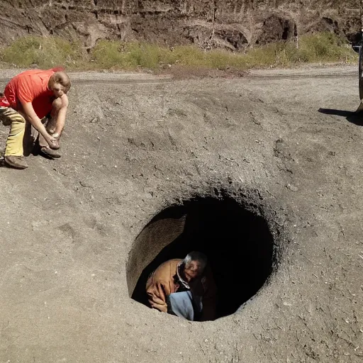 Prompt: nefarious men looking down a deep hole