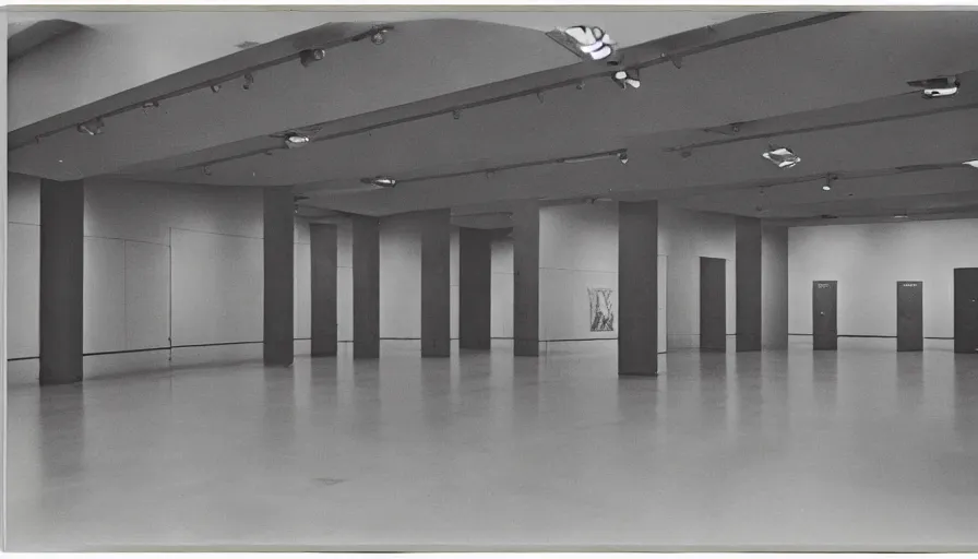 Image similar to 60s movie still of a sovietic stalinist style empty art museum with a soviet congress with yellow wall, POLAROID 600, liminal Space style, heavy grain