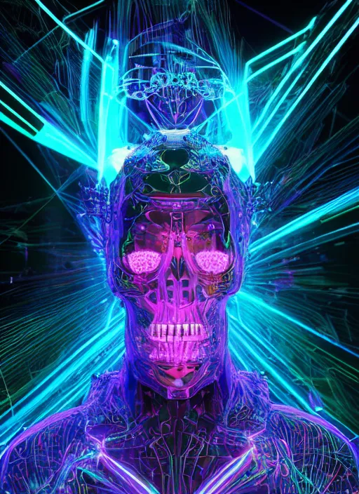 Image similar to photo of fullbodied baroque and cyberpunk and tron delicate neon diamond sculpture of seductive bright albino marble prince tyson ballou dotado mint iridescent humanoid deity wearing red plastic hoody holding molten skull in a laser alien dungeon, reclining, glowing magenta face, crown of white diamonds, cinematic lighting, photorealistic, octane render 8 k depth of field 3 d
