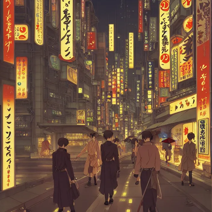 Image similar to empty tokyo at night, spring, in the style of studio ghibli, j. c. leyendecker, greg rutkowski, artem