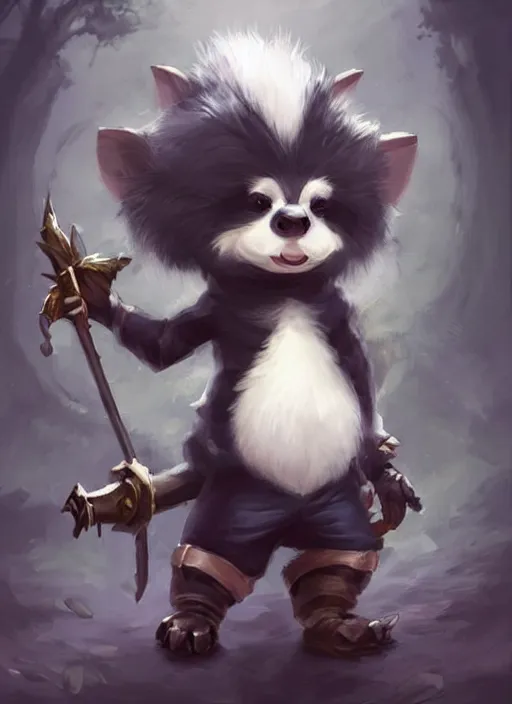 Prompt: cute little anthropomorphic skunk wizard wearing bindrain (eyepatch), tiny, small, miniature animal, baby animal, short, pale black armor, cute and adorable, pretty, beautiful, DnD character art portrait, matte fantasy painting, DeviantArt Artstation, by Jason Felix by Steve Argyle by Tyler Jacobson by Peter Mohrbacher, cinematic lighting