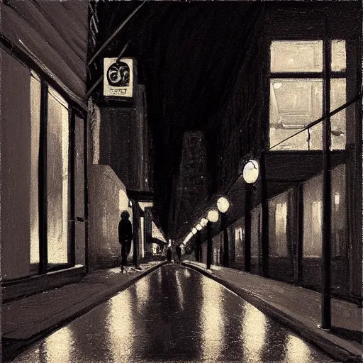 Image similar to nyc sidewalk, night, by michal sawtyruk