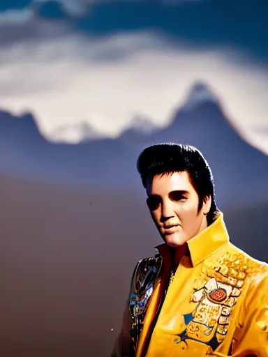 Prompt: a photography of elvis presley in the streets of la paz, with the illimani in the background, profesional photography, 1 4 mm, cinematic photography, high resolution, 8 k