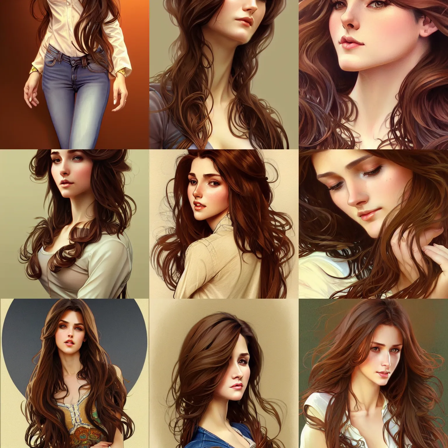 Image similar to a gorgeious woman with long brown hair wearing a blouse and jeans, highly detailed, digital painting, artstation, concept art, smooth, sharp focus, illustration, art by artgerm and alphonse mucha