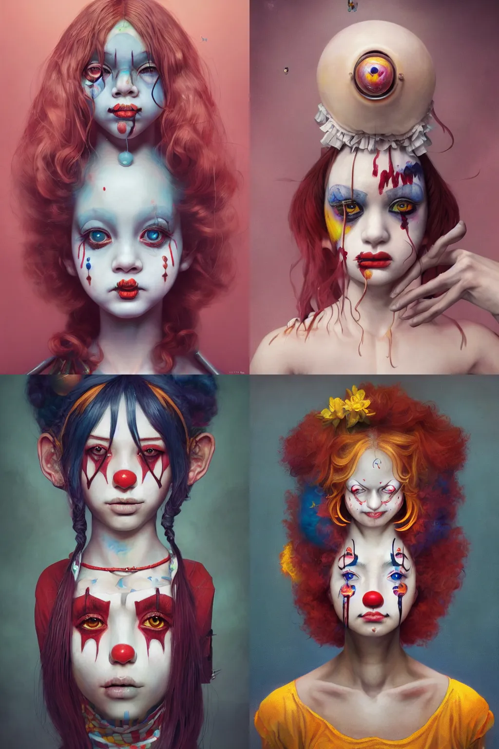 Image similar to breathtaking detailed painting of clown girl , with anxious, piercing eyes, Atari game cover art by Hsiao-Ron Cheng, James jean, Miho Hirano, Hayao Miyazaki, extremely moody lighting, hyperrealistic, octane render, RPG portrait, ambient light, dynamic lighting