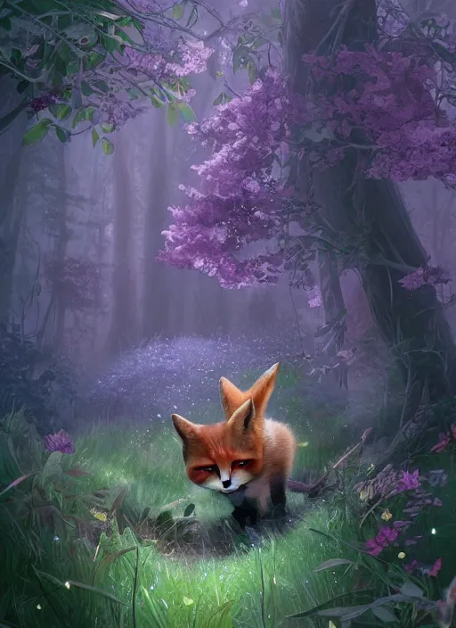 Prompt: Magical fox, sneaking in a forest, fantasy, painting, violet flowers, illustration, high quality, highly detailed, Marc Simonetti, Andreeva Katerina