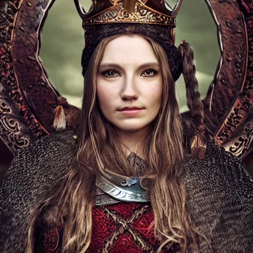 Image similar to beautiful Viking queen with ornate cloak, highly detailed, 4k, HDR, smooth, sharp focus, hyper realistic, high resolution, award-winning photo