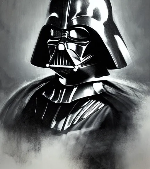 Image similar to black-and-white portrait of Darth Vader by Craig Mullins; extraordinary-masterpiece; realistic-lighting