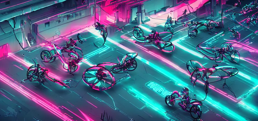 Image similar to cyberpunk, synthwave, vaporware aesthetics, retrowave, flat shading, neon, highly detailed aerial digital art of a tron cyberbike race, drone shot, cell - shaded