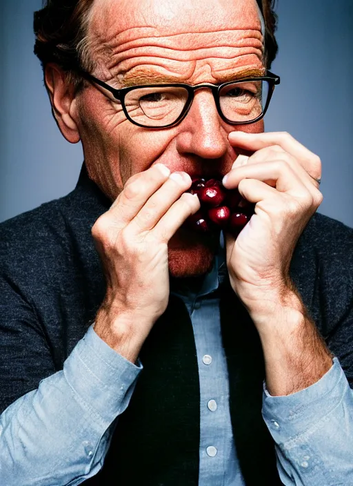 Image similar to portrait of bryan cranston at a cranberry eating contest, bulging cheeks eating cranberries, open mouth, hamster cheeks, studio light, bloom, detailed face, magazine, press, photo, steve mccurry, david lazar, canon, nikon, focus