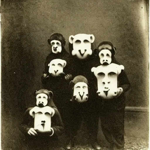 Image similar to portrait of people wearing monkey masks, photograph, style of atget, 1 9 1 0, creepy, dark