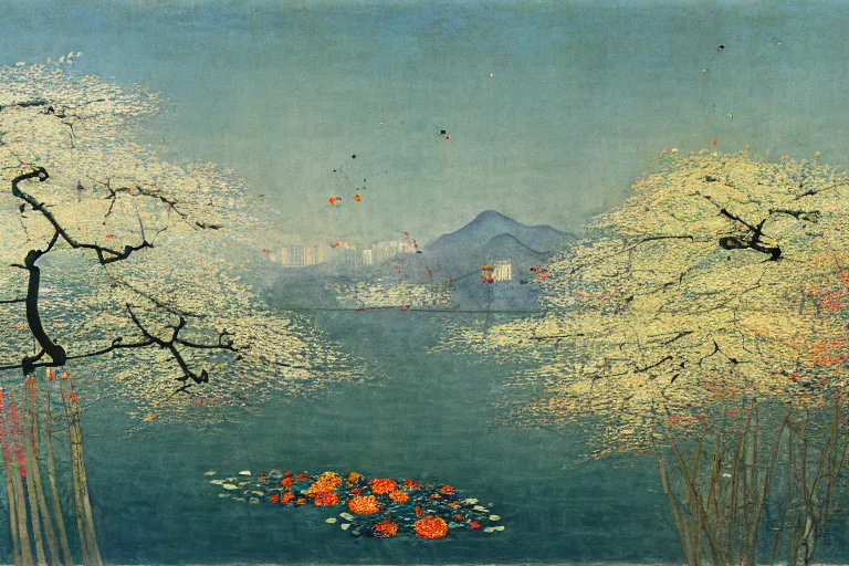 Prompt: an ultradetailed landscape painting of westlake in china hangzhou, light yellow may flowers blossoms nearby, autumn wind, chinese water color, smooth, sharp focus, illustration, by hilma af klint, 8 k