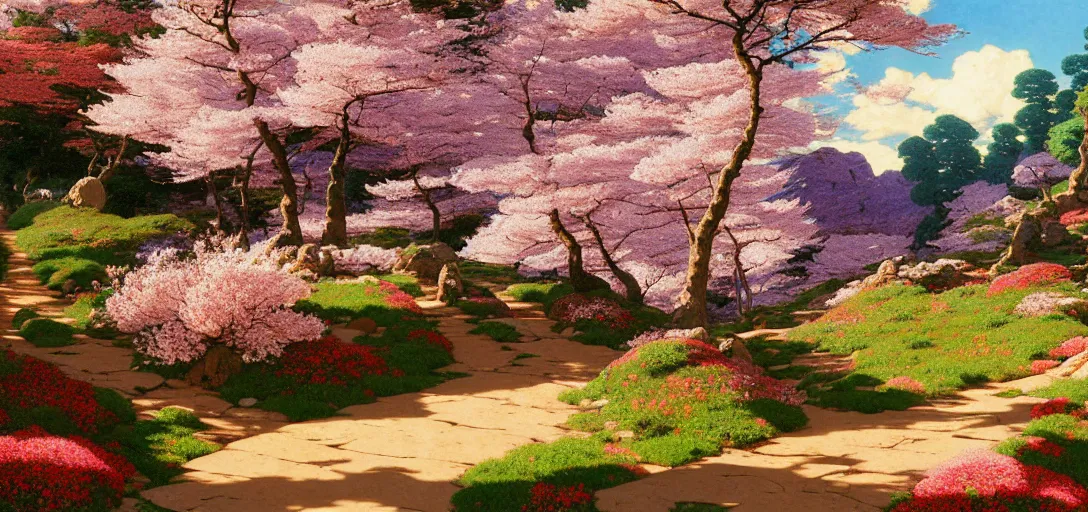 Image similar to ghibli illustrated background of a trail leading through a strikingly beautiful landform with strange rock formations and red water, purple flowers and cherry blossoms by vasily polenov, eugene von guerard, ivan shishkin, albert edelfelt, john singer sargent, albert bierstadt 4 k