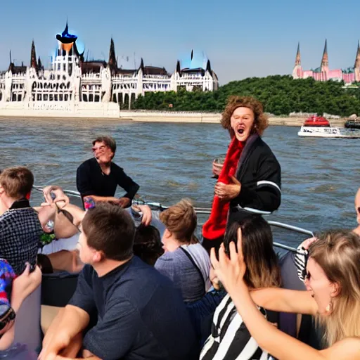 Prompt: nerds laughing on a boat in Budapest with a live band in the background