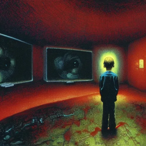 Image similar to 8k professional photo of an 8 years old enlightened and scared boy standing in front of an old computer from 90s with a game doom2 at the monitor screen in a vr vaporvawe space, Beksinski impasto painting, part by Adrian Ghenie and Gerhard Richter. art by Takato Yamamoto, masterpiece. still from a movie by Gaspar Noe and James Cameron