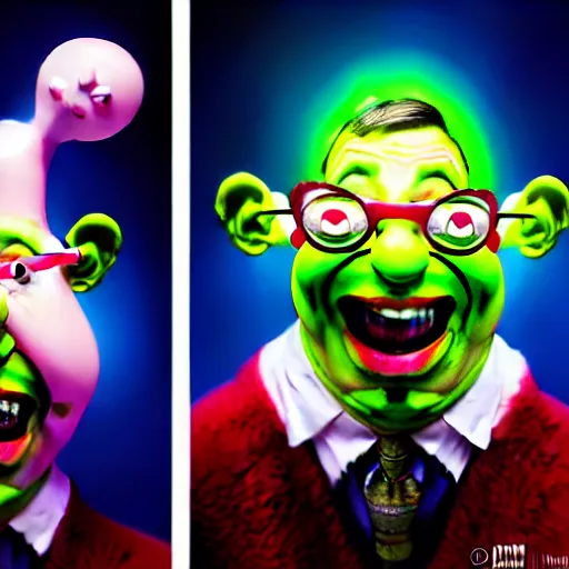 Image similar to mr. bean mad scientist psychopath making extremely silly faces, conjuring up mysterious colorful potions, glows, 3 point lighting, portrait by gaston bussierre and charles vess and james jean and erik jones and rhads, inspired by ren and stimpy epic, funny, beautiful fine face features, intricate high details, sharp, ultradetailed