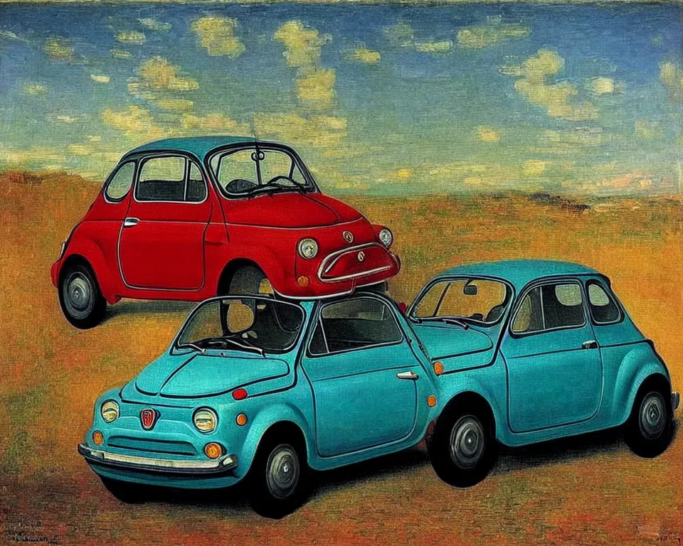 Prompt: achingly beautiful painting of a fiat 5 0 0 abarth by rene magritte, monet, and turner. whimsical.