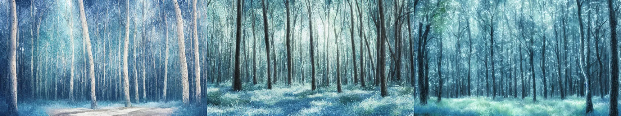 Prompt: Forest. White trees, white trunk. Blue grass, blue ground. Fantasy, digital painting, HD, 4k, detailed, vibrant, artwork.