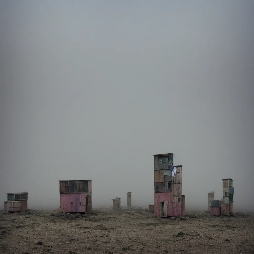 Image similar to two towers, made up of makeshift squatter shacks with pastel colours, uneven dense fog, dystopia, mamiya, f 1 1, fully frontal view, photographed by jeanette hagglund