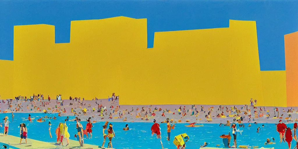 Image similar to sacaba beach in malaga with enormous yellow buildings by david hockney, detailed