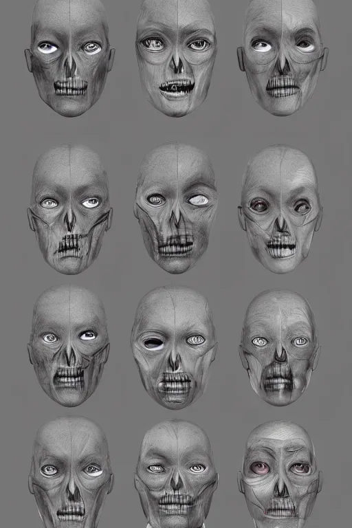 Prompt: french facial anatomy with gunmetal grey skin, medical anatomy, very symmetrical face, highly detailed, three - perspective / three - view reference sheet ( front / back / side ), in the style of dan ouellette, steven jung, amanda lilleston, hr giger, sil from species, dren from splice, mecha, artstation, unreal engine