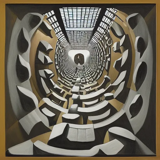 Image similar to first - person view of a stark concrete maze with people looking into portholes, grant wood, pj crook, edward hopper, oil on canvas