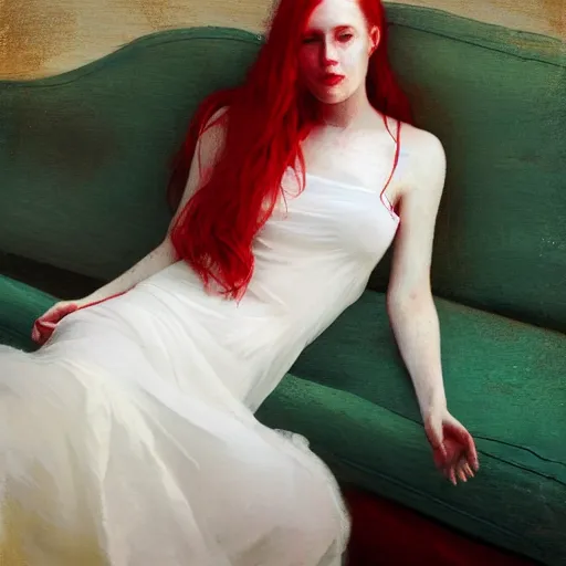 Image similar to young woman, long red hair, transparent white dress, lying on a red sofa, blue green colorscheme, desaturated colors, cinematic, painted in the style of jeremy lipking