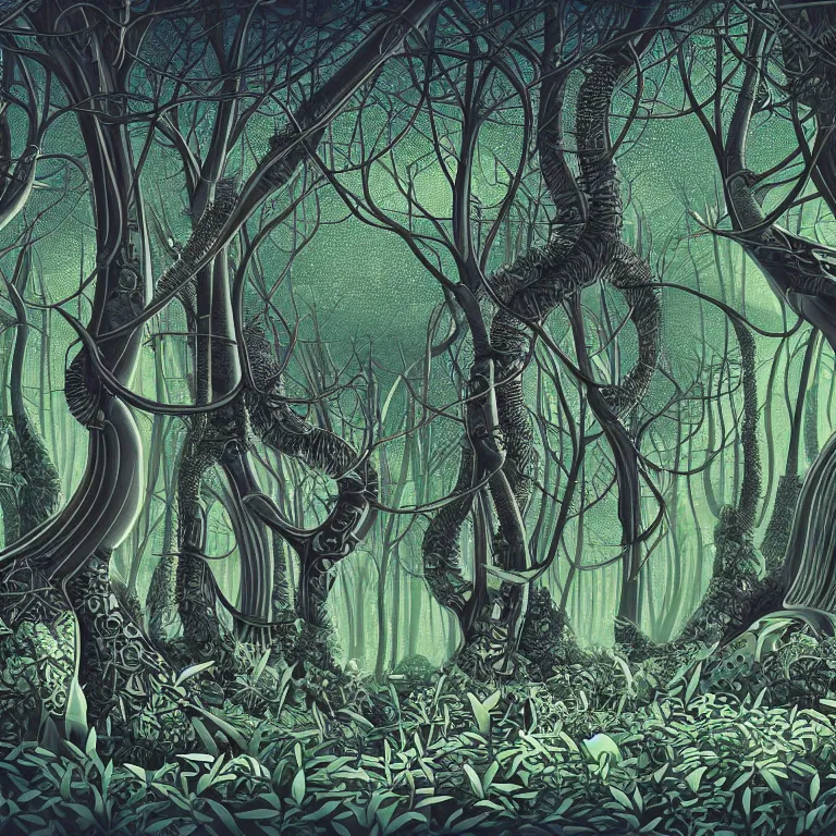 Prompt: illustration of a futuristic forest, highly detailed, by Malika Fayre