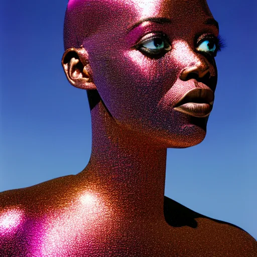 Prompt: portrait of metallic robot face, african woman, iridescent colors, smooth reflections, proud looking away, outdoor, blue sky, 8 k, realistic, depth of field, highly detailed, award winning photography, by richard mosse