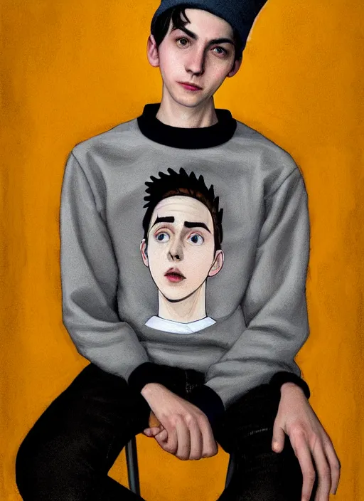 Image similar to portrait of teenage jughead jones wearing a light grey crown, photorealistic, crown, eyes closed, crown, black hair, sweater with letter s on it, letter s, intricate, elegant, glowing lights, highly detailed, digital painting, artstation, concept art, smooth, sharp focus, illustration, art by wlop, mars ravelo and greg rutkowski