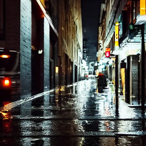 Prompt: photo, night, rain, modern city street, focus to the bar