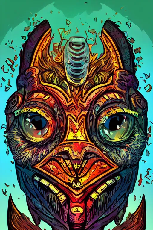 Image similar to totem animal mask tribal feather gemstone plant wood rock shaman vodoo video game vector illustration vivid color borderlands by josan gonzales and dan mumford radiating a glowing aura