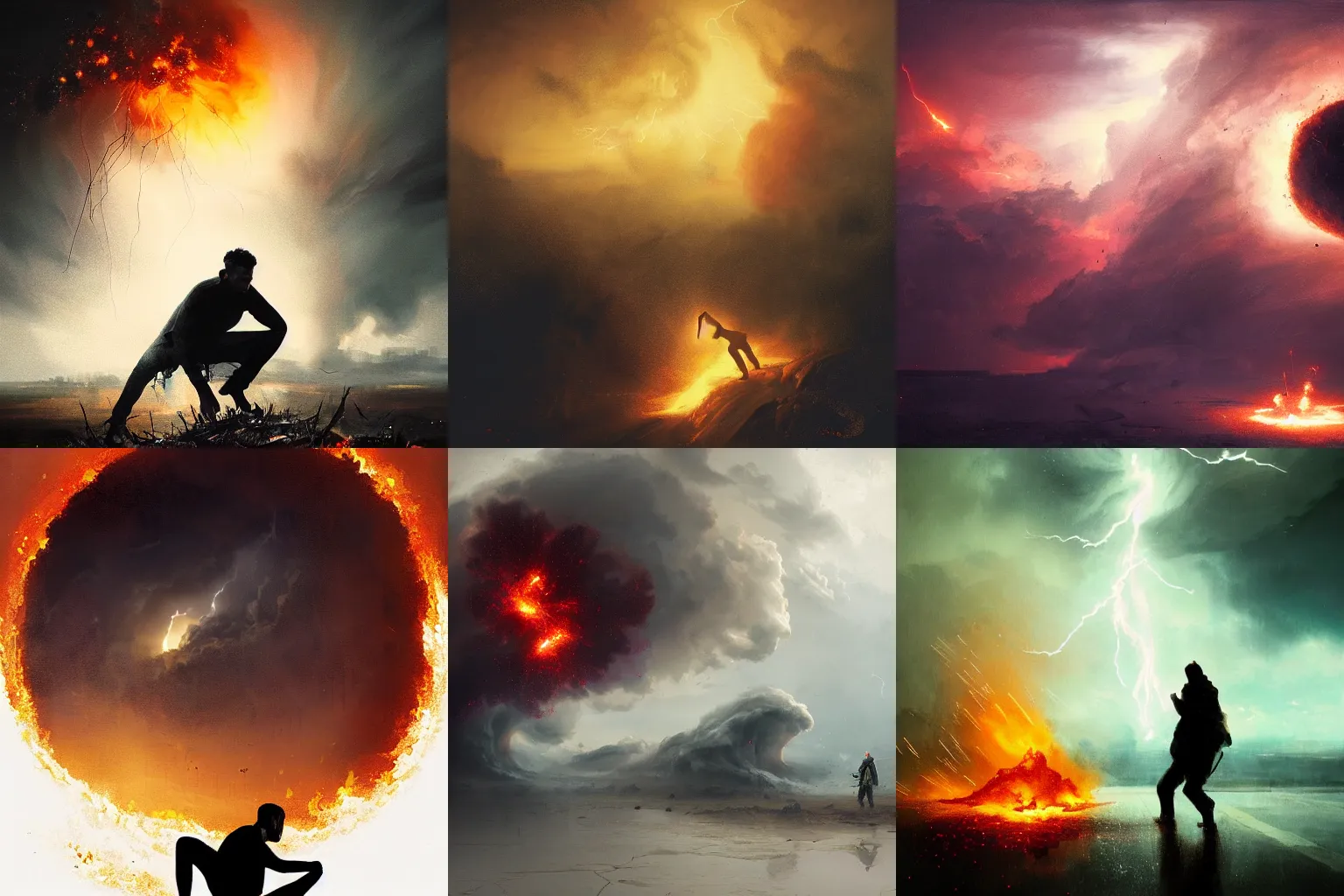 Prompt: silhouette of a man crouching on the floor in an orb, explosions, fire, storm, tornado by greg rutkowski