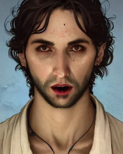 Image similar to 3 / 4 portrait, male vampire, brown skin, long dark hair, dark blue shirt, beautiful, flowers, blood on mouth, detailed background, elaborate jewelry, earrings, artstation, alphonse mucha, william bouguereau, rossdraws, greg rutkowski, super detailed, illustration, realistic, octane render, sharp focus, cinematic, 8 k