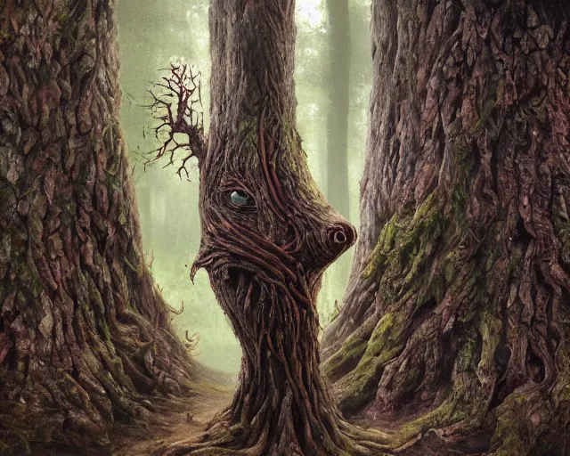 Prompt: a talking tree, a face in the bark, nose made of wood, mouth in the bark, eyes in the bark, fantasy concept art, fantasy oil painting, hyperrealistic, treebeard, ents, magical, highly detailed, artstation, cgsociety, in the forest