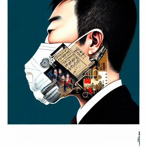 Image similar to portrait of a chinese man :: side profile :: oxygen mask :: clockwork implant :: intricate details :: 8k :: by vikings and Sandra Chevrier