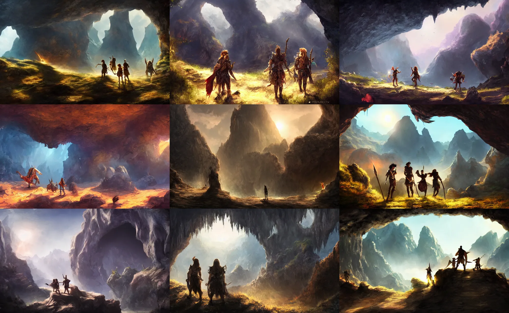 Prompt: adventurers in front of a dark cave, sunny, fantasy art, epic, 4 k