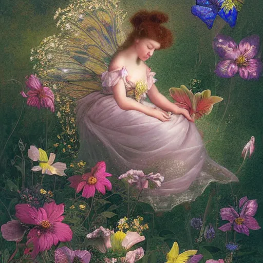 Prompt: a _ beautiful _ digital _ illustration _ painting _ fairy _ princess _ among _ the _ flowers _ by _ benoit _ b. _ mandelbrot _ steven _ belledin _ martin _ johnson _ heade _ l _ - h _ 7 6 8 _ - c _ 8. 0