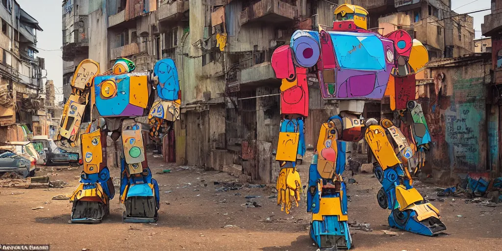 Prompt: colourful - damaged - giant mecha ROBOT of AJEGUNLE SLUMS of Lagos, markings on robot, Golden Hour, in the style of Ghibli,