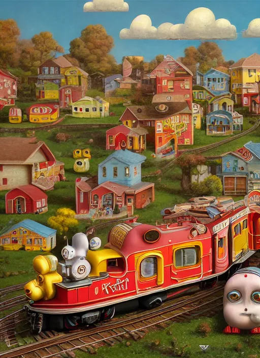 Prompt: highly detailed wide - angle portrait of a cute tin toy retro train set, nicoletta ceccoli, mark ryden, lostfish, earl nore, hyung tae, frank frazetta, global illumination, god rays, detailed and intricate environment